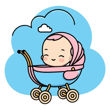 peaceful sleeping baby with closed eyes in pink and beige stroller with pastel blue clouds decoration sticker