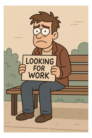 a worried man sitting on a bench with a 'looking for work' sign, flat toon style sticker