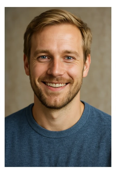 A smiling blonde man, age 35, with blue eyes and a light beard. sticker