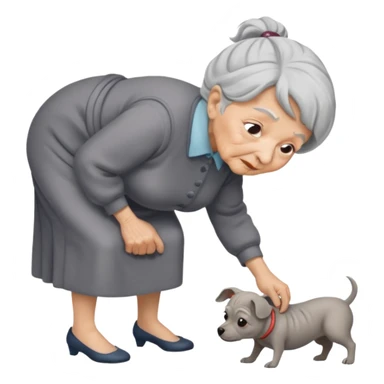Old woman bent over from waist to floor trying to pick up dog sticker