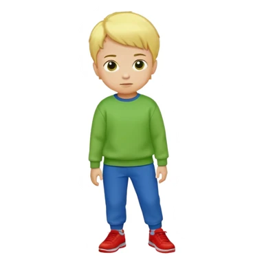 Small boy with short yellow hair, bright green sweatshirt, blue pants and red shoes sticker