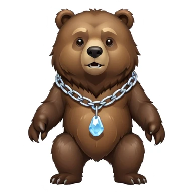 Complete view of serious grizzly bear on four paws, dark brown fur, whole body shown from head to tail, thick ice chain collar sticker