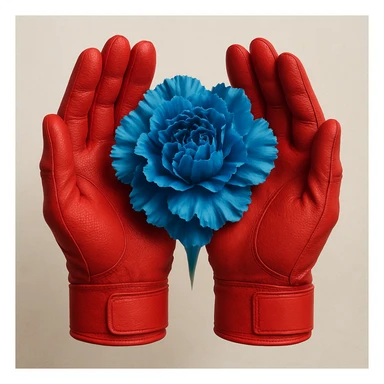 Red batting gloves positioned with palms out, visually merging to create the illusion of a blue carnation. sticker