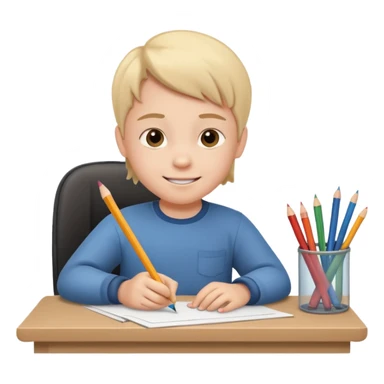 a smiling child working hard ata a desk sticker