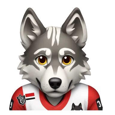 A wolf in a red black and white hockey uniform with a wolf emblem sticker