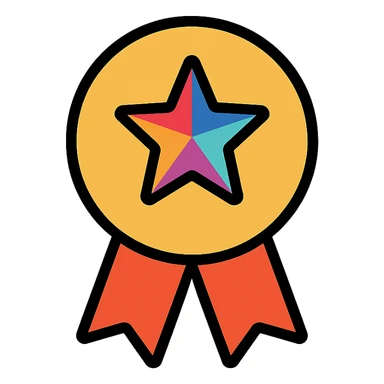 gold must have symbol with multicolor details, elegant minimalist flat design, award badge style, 2D flat vector, trending icon look, soft shadows, no text, isolated on white background, commercial use sticker