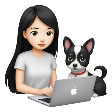 Blue back ground, Asian girl with long black hair , wearing a white t-shirt, working on an Apple laptop, next to her is a small black and white dog sticker