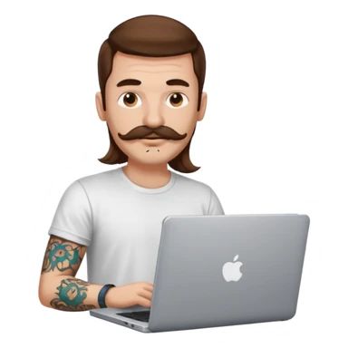 A DEVELOPER WITH A laptop, USING t-shirt, long hair, mustache, tattoo, piercing sticker