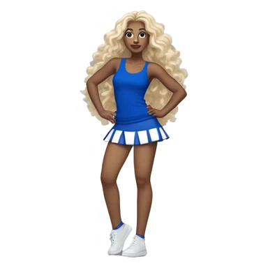 Dancer with royal Blue miniskirt and royal blue long tank top with blond wavy long hair. Holding silver pom poms.  sticker
