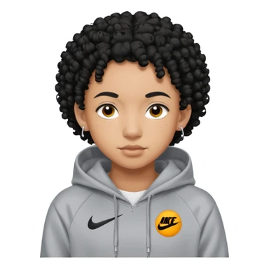 Blasian teenager wearing a nike hoodie with black curly hair and ears pierced sticker