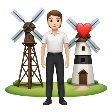 a white man with brown hair and a white shirt and black pants standing next to a windmill with a heart  sticker