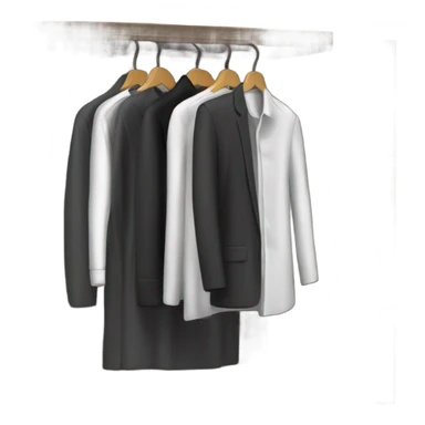 Design an emoji-style icon of an open wardrobe with clothes hanging inside. Include details like a wooden frame, hangers, and black clothing items such as shirts or any other clothing . Use a clean and minimalistic design. sticker