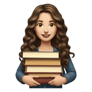 white woman brunette long wavy hair highlights woman while holding large stack of books sticker