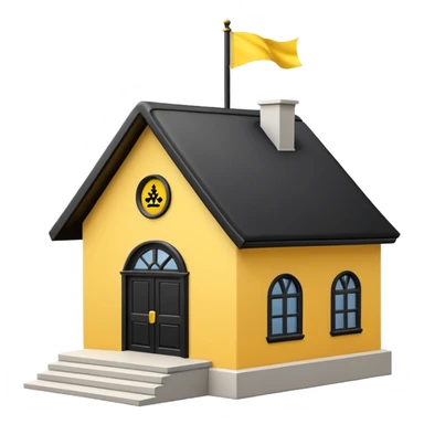 simple school, white background, magic school, black roof, with a big flag, big flag on a roof, big yellow flag, white school sticker