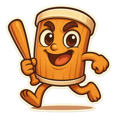 square image of absurd wooden stick-man creature, drum-like cylindrical body, holding baseball bat, cartoon style, bright vivid colors, expressive face, dynamic pose, a bit creepy yet funny,  sticker