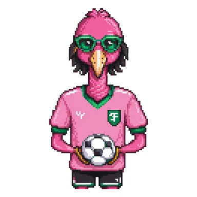 flamingo soccer player wearing sunglasses and a black and green jersey sticker