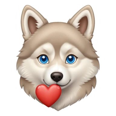 Beige husky with blue eyes holding a brown heart sticker