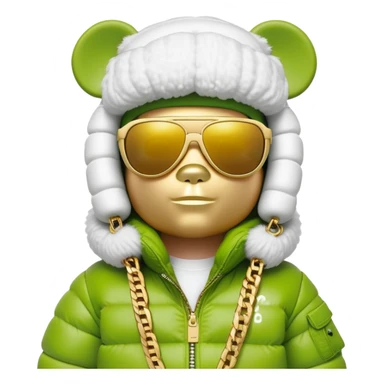 classic bearbrick in lime mask with graffiti tags, wearing sleek one-piece solid sunglasses visor spanning full width of face, oversized puffy jacket with plush fur trim, stacked gold chains, high fashion look sticker