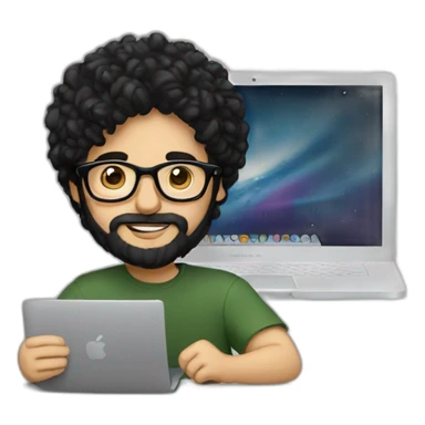 Designer with black hair, beard and glasses working with MacBook and drinking cappuccino  sticker