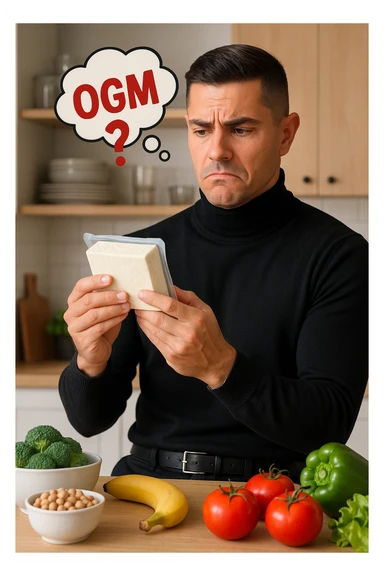 un uomo in cucina tiene in mano una confezione di soia o tofu, osservandola con un’espressione scettica e preoccupata. Sopra la confezione, una nuvoletta di pensiero mostra la scritta “OGM” evidenziata in rosso, accompagnata da un simbolo di allarme o un punto interrogativo. Sullo sfondo, altri alimenti naturali sono visibili sul tavolo, sottolineando la sua preferenza per prodotti non OGM. sticker