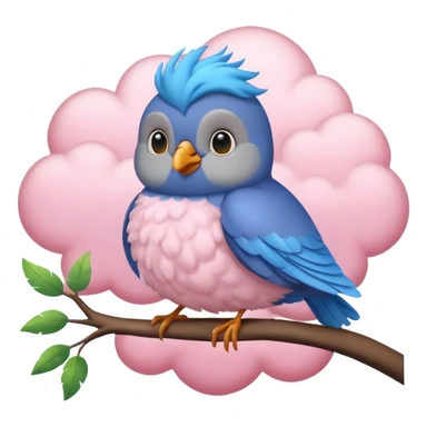 8K, 5000x5000px, Still life, Hyper realistic vivid, ultra detailed Grey and blue color cute bird with layered feathers, sitting in a lush tree. In front of a fluffy pink cloud. No emoji icons, no human figures, ultra realistic, very detailed, 3D rending. Transparent background  sticker