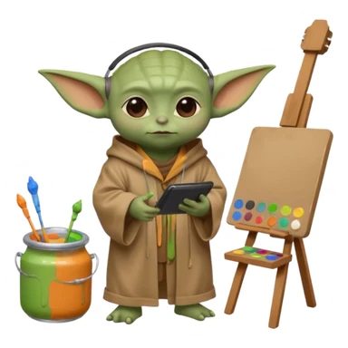 Baby Yoda in his brown robe listening music on his headphones, painting a picture on an easel and surrounded by paint pots. sticker