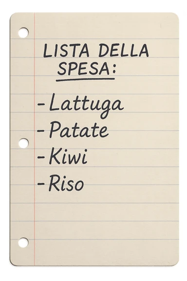 FOGLIO DI CARTA A RIGHE CON LISTA DELLA SPESA SCRITTA A PENNA:
"LISTA DELLA SPESA:
- Lattuga
- Patate
- Kiwi
- Riso", iperealistico 4k sticker