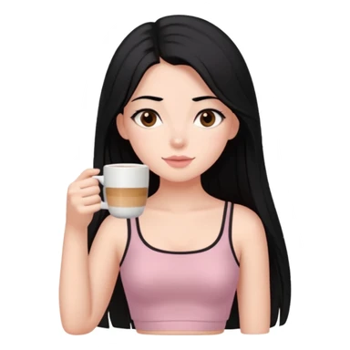 Bi tane ela gözlü koyu yeşil gözlü yani siyah uzun düz saçlı beyaz tenli bir kız üstünde toz pembe soft bir coquette crop var ve kahve içiyor sticker