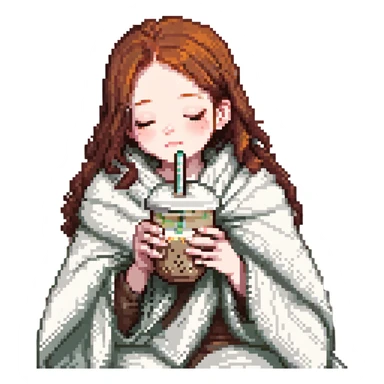 dark ginger haired girl with pale skin, wrapped in a blanket, sipping boba, eyes closed sticker
