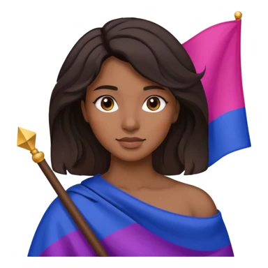 eu com a bandeira bissexual, sou morena, com cabelos negros que vão até a altura dos ombros levemente ondulados, olhos castanhos, sticker
