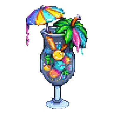colorful tropical drink with tiny umbrella, pixel art style, Hawaiian party sticker