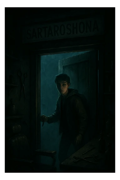 Sartaroshxonaga kirib kelayotgan o'smirin bola u eshikni ochayapti rakurs ichkaridan g'ira shira  sticker