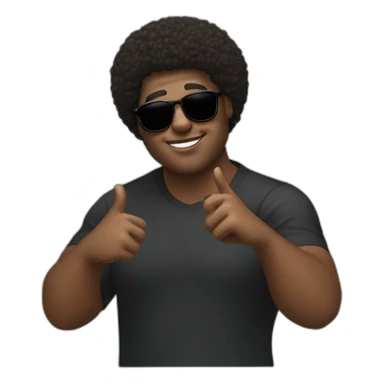 A black man with a chubby oval face, a light beard and short afro hair. And sunglasses. He's making the 🖖 sign sticker