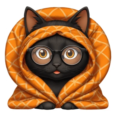 Black female cat on computer, long eyelashes, straight black hair, round glasses and she wears a blanket with an orange pattern sticker