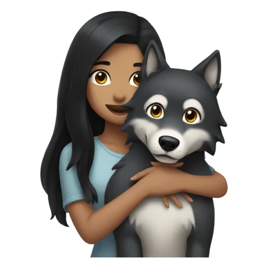 Girl with black hair hugging a wolf sticker