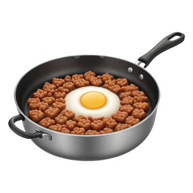 A 3D cartoon frying pan with minced meat being cooked, slight steam, realistic texture, Memoji-style. sticker