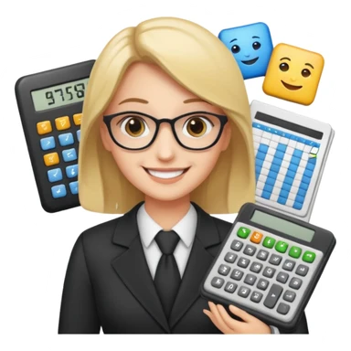 aUDITOR smiling with spreadsheet and a calculator, emoji, ADD A puzzle and a Balance for accounting sticker