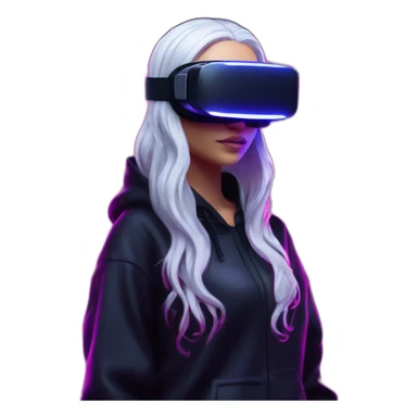 Daenerys Targaryen wearing a black hoodie with "OMG" letters on it and VR headset in a cyberpunk VR environment with violet neon lighting. sticker