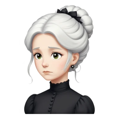 A Victorian woman with simple yet elegant coiffed white hair and light eyes wearing a modest unadorned monochrome black turtleneck mourning dress with puff sleeves looking down with a forlorn expression sticker