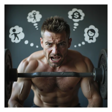 realistic, dramatic; average-fit man in gym, lifting weights, tense and worried face, sweat, eyes with visible anxiety, background with floating thought symbols (work, money, time, relationships), expressive body language, strong sense of mental stress sticker