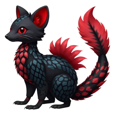 Feral Rare Fantasy shiny soft fuzzy furry vibrant tropical obsidian-black and crimson-red Vernid-Trico-species-creature by LiLaiRa, random markings, tufted tail, tufted ears, full body with markings sticker