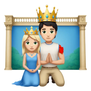 Man as king, standing, black Hair, blue eyes, simple woman, blonde, green eyes, shott white sleveless Dress, kneeling, background palace sticker