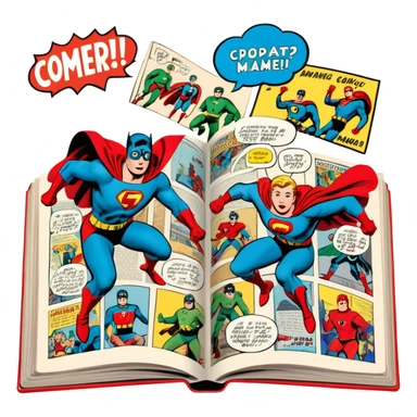 Icon for Vintage American Comics: an open comic magazine with classic 1940s-1950s American comic art, featuring superheroes in bold, bright colors, with action panels and exaggerated speech bubbles. The icon should represent the nostalgic style of vintage comics. Transparent background. sticker