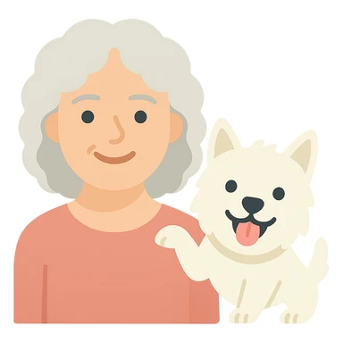 Make the Westie dog playful, with an energetic pose or playful expression, keep the 50-year-old lady with silver curly hair smiling sticker