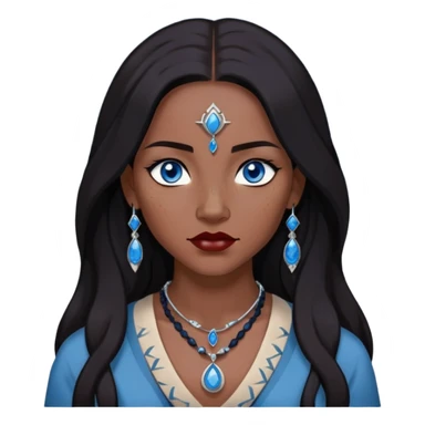 woman katara native american blue eyes dark skin freckles dark black long hair reddish lipstick necklace with sapphire pendant sticker
