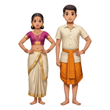 31 years young and small Brahmin boy with traditional formal cotton shirt and cotton lungi is pleasent peaceful thankful to 18 years young and fat and tall Brahmin girl with the complete decoration of bharatanatyam as godess lakshmi devi. sticker