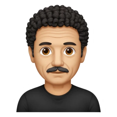 60 year old Greek man with short black curly hair that sticks up and has a black shirt sticker