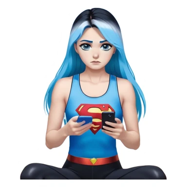 Shameful disappointed crying-very very very very big chest-texting on a samsung cell phone-very long straight flowing black to sky blue hair ombre-blue eyes-black eyeliner-long eyelashes-plastic sparkling sky blue very low cut tank top with sparkling superman logo-black leggings-nike sneakers sticker