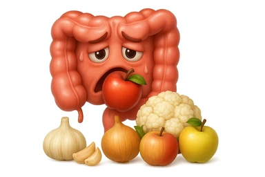 EMOJI STILE IPHONE DI UN INTESTINO UMANO IN CRISI PERCHé STA MALE, IN BOCCA HA UNA MELA E DAVANTI A LUI C'è UNA MONTAGNA DI aglio, cipolle, cavolfiore e mele, IPERREALISTICO 4K sticker