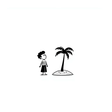 stranded man on island with a single coconut tree in doodle style sticker